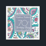 Persian Boteh Paisley 70th Birthday Party Paper N Napkins<br><div class="desc">Beautiful Persian Boteh Paisley pattern on customizable 70th birthday party paper napkin with texts on gray square shape. Matching birthday items: paper plate, guest book, Thank you favor box... and birthday gifts with monogram: pillow, pocket journal, spiral notebook, leggings and more... Don't forget the whole collection of floral patterns for...</div>