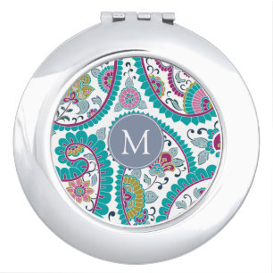 Persian Boteh Paisley Pattern Monogram Compact M Makeup Mirror