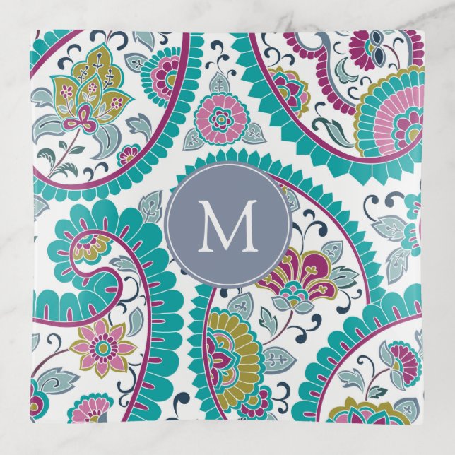 Persian Boteh Paisley Pattern Monogram Trinket T Tray (Front)