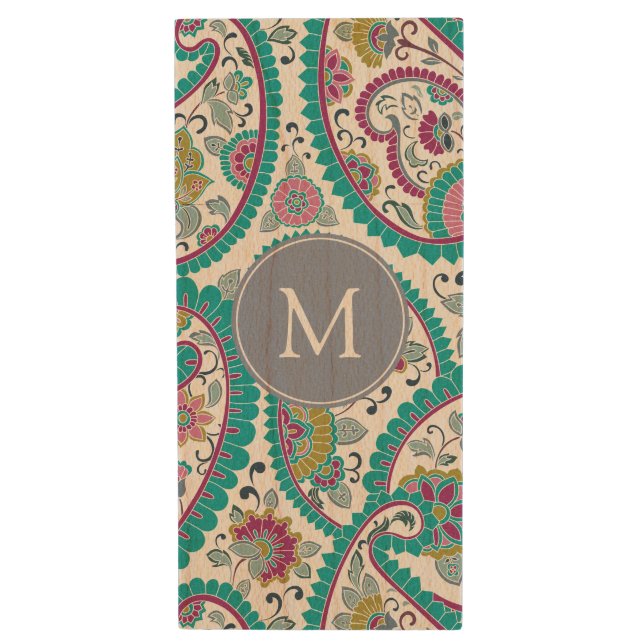 Persian Boteh Paisley Pattern Monogram Wooden USB Wood Flash Drive (Front Vertical)