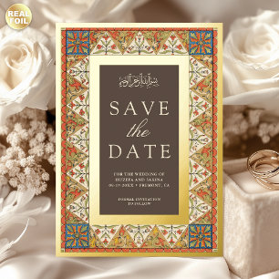 Persian Brown Muslim Wedding Save the Date Gold Foil Invitation