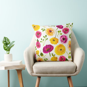 Persian Buttercups Watercolor Floral Pink&Yellow Throw Pillow