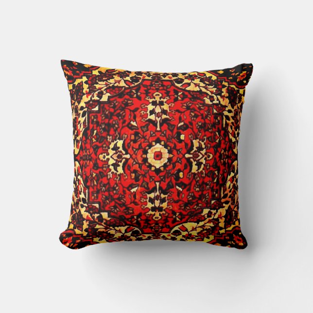 Persian carpet design in  vivid red and cream throw pillow (Front)