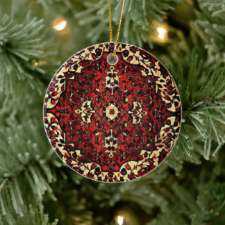 Persian carpet look in dark red and cream ceramic ornament