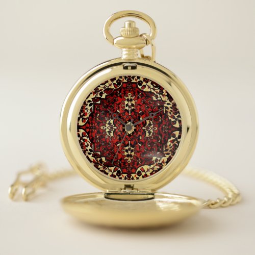 Persian carpet look in dark red and cream pocket watch