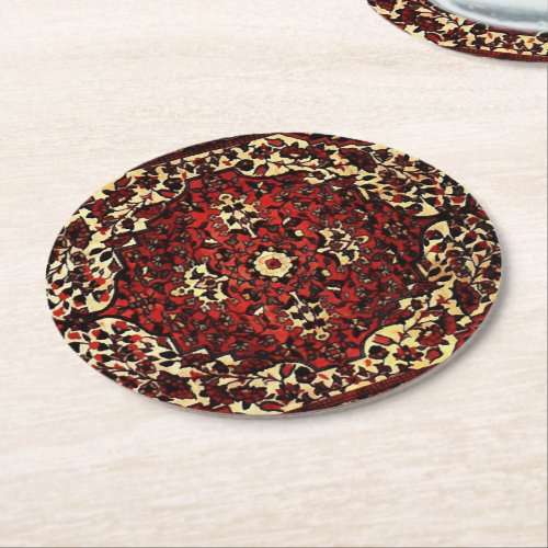 Persian carpet look in dark red and cream round paper coaster