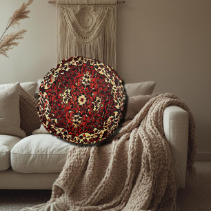 Persian carpet look in dark red and cream round pillow