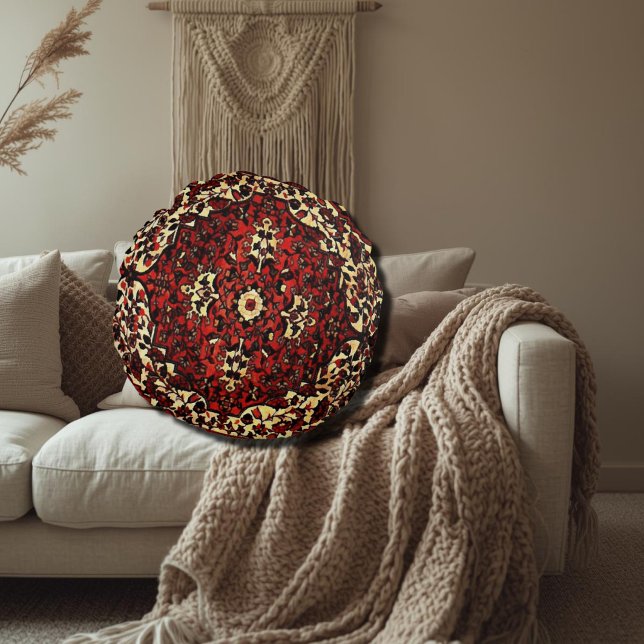 Persian carpet look in dark red and cream round pillow (Creator Uploaded)