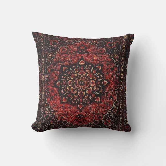 Persian carpet look in rose tinted field outdoor pillow (Front)