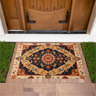 Persian Carpet Yellow Traditional Pattern Doormat
