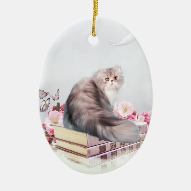 Persian cat and books ceramic ornament (Front)