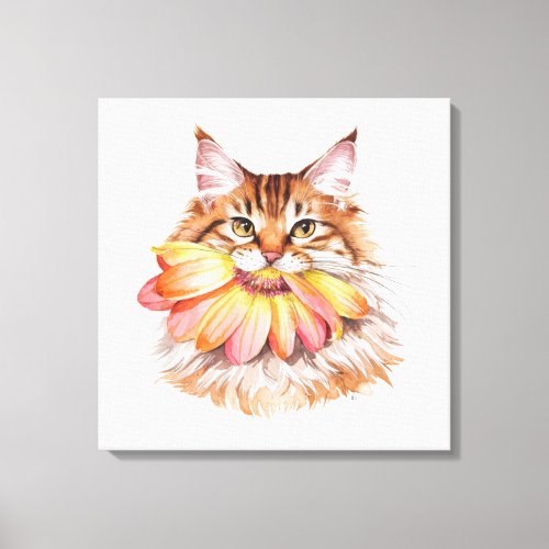 Persian Cat Biting Flower Watercolor Canvas Print