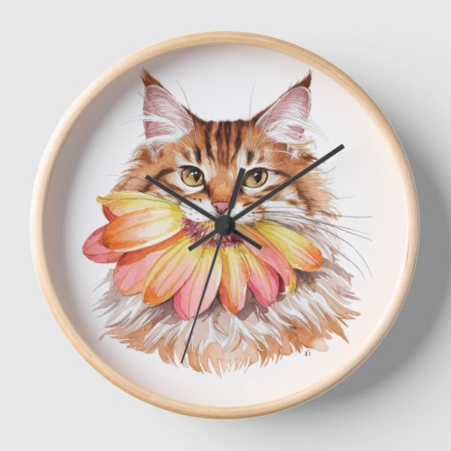 Persian Cat Biting Flower Watercolor Clock