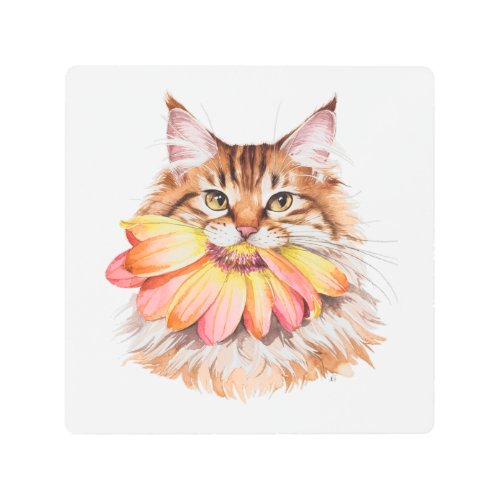 Persian Cat Biting Flower Watercolor Metal Print