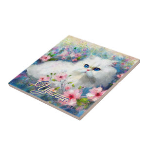 Persian Cat Blue Eyes in Pink Flowers Personalized Ceramic Tile
