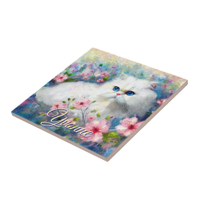 Persian Cat Blue Eyes in Pink Flowers Personalized Ceramic Tile (Side)