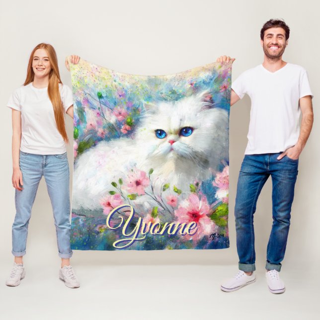 Persian Cat Blue Eyes in Pink Flowers Personalized Fleece Blanket (In Situ)