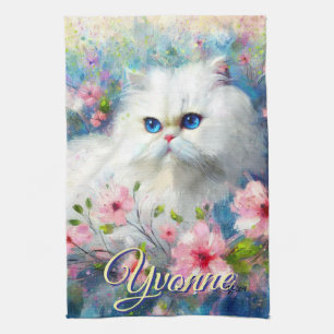 Persian Cat Blue Eyes in Pink Flowers Personalized Kitchen Towel