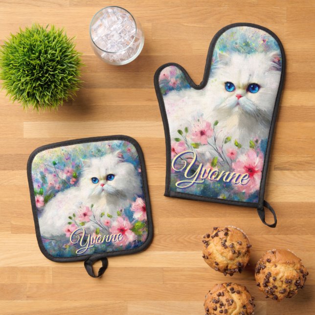 Persian Cat Blue Eyes in Pink Flowers Personalized Oven Mitt & Pot Holder Set (Top Down)