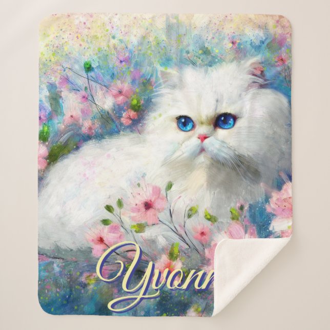 Persian Cat Blue Eyes in Pink Flowers Personalized Sherpa Blanket (Front)