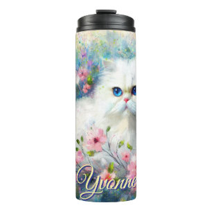 Persian Cat Blue Eyes in Pink Flowers Personalized Thermal Tumbler