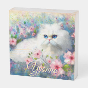 Persian Cat Blue Eyes in Pink Flowers Personalized Wooden Box Sign