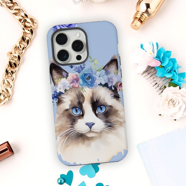 Persian Cat Blue Floral iPhone Case (Creator Uploaded)