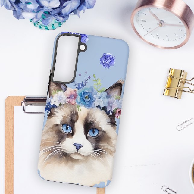 Persian Cat Blue Floral Samsung Galaxy Case (Creator Uploaded)