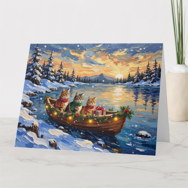 Persian Cat Christmas Boat Holiday Card (Front)