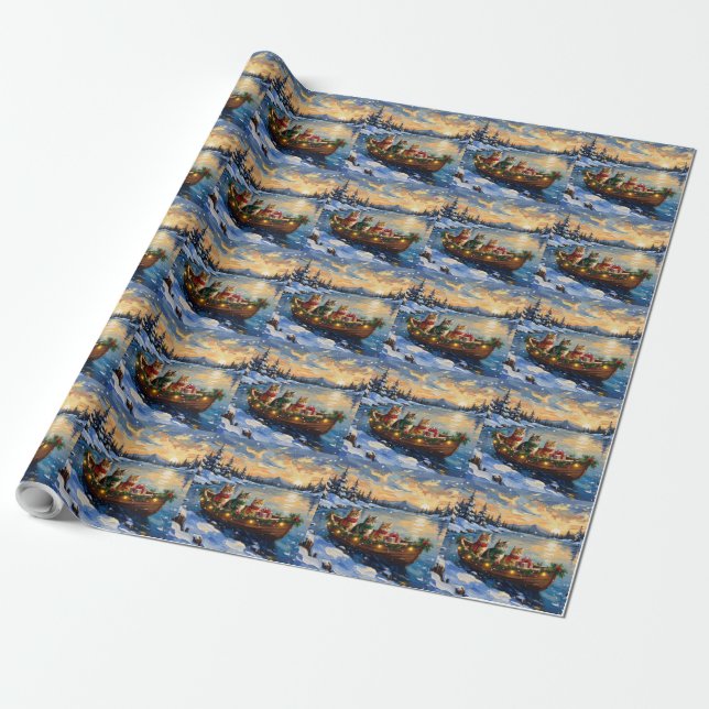 Persian Cat Christmas Boat Holiday Wrapping Paper (Unrolled)