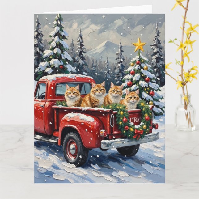 Persian Cat Christmas Red Truck Holiday Card (Yellow Flower)