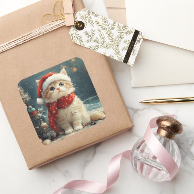 Persian Cat  Christmas Vintage Beach  Square Sticker (Gifting)