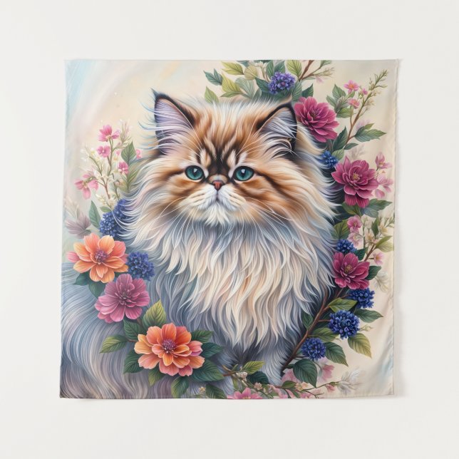 Persian Cat Colorful Floral Portrait Tapestry (Front)