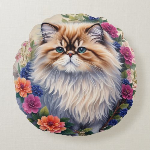 Persian Cat Colorful Floral Round Pillow