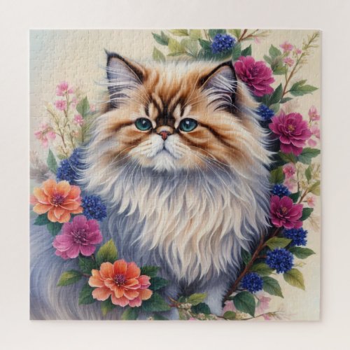 Persian Cat Colorful Flowers Jigsaw Puzzle
