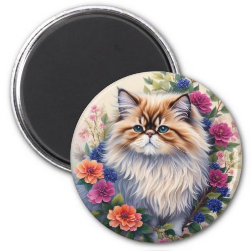 Persian Cat Colorful Flowers Magnet