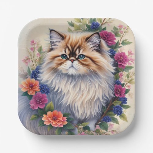 Persian Cat Colorful Flowers Paper Plates