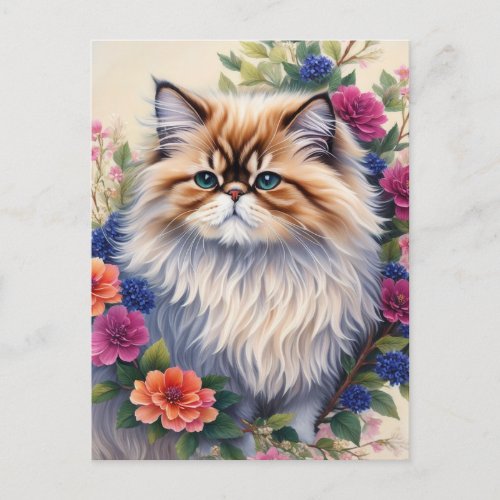 Persian Cat Colorful Flowers Postcard