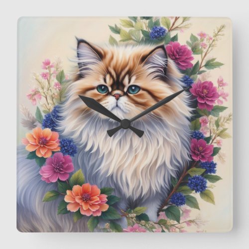 Persian Cat Colorful Flowers Square Wall Clock