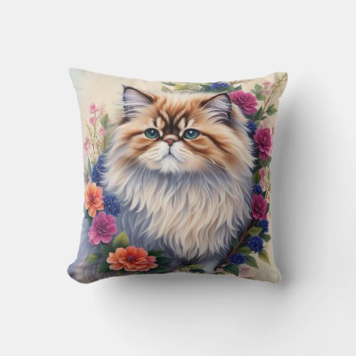 Persian Cat Colorful Flowers Throw Pillow