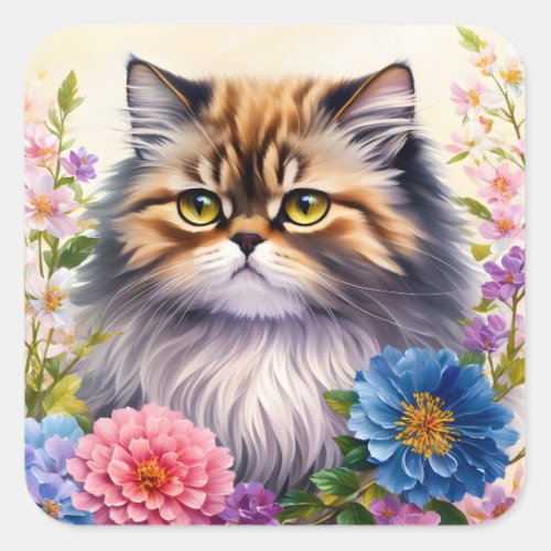 Persian Cat Floral Art Square Sticker