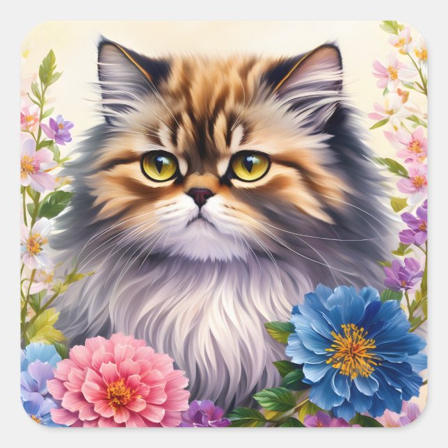 Persian Cat Floral Art Square Sticker (Front)