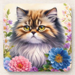 Persian Cat Floral Portrait Art Beverage Coaster