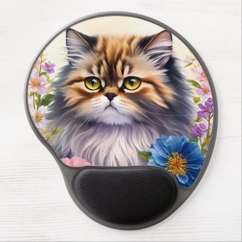 Persian Cat Floral Portrait Art Gel Mouse Pad