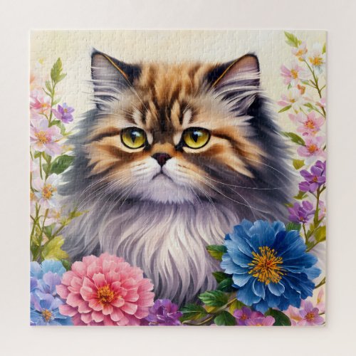 Persian Cat Floral Portrait Art Jigsaw Puzzle