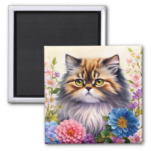 Persian Cat Floral Portrait Art Magnet
