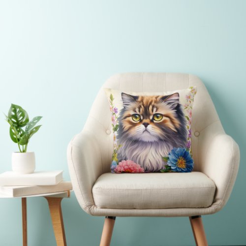 Persian Cat Floral Portrait Art Throw Pillow