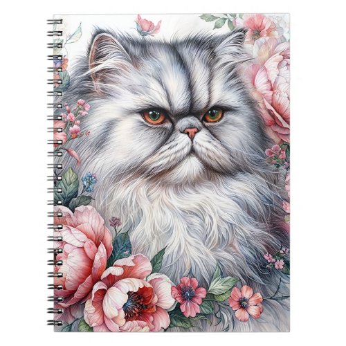 Persian Cat Floral Watercolor Portrait Notebook