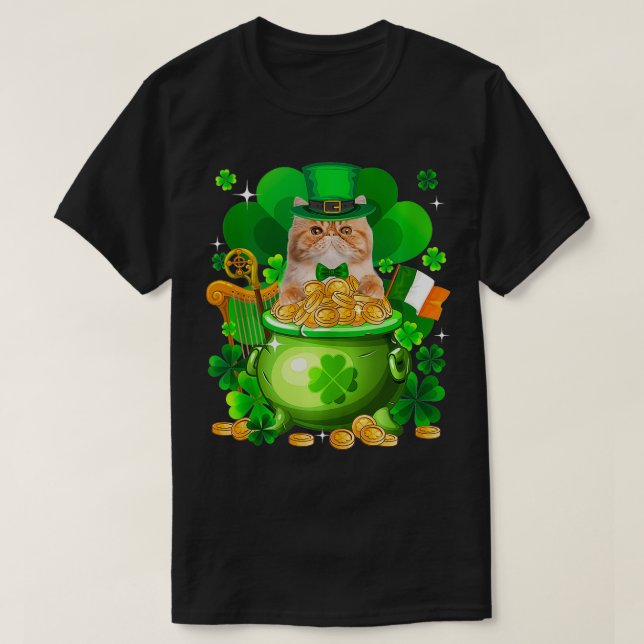 Persian Cat Gold Pot Shamrock St Patricks Day  T-Shirt (Design Front)