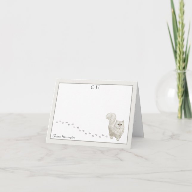 Persian Cat Gray Border Monogram Name Folded Letterpress Thank You Card (Front)